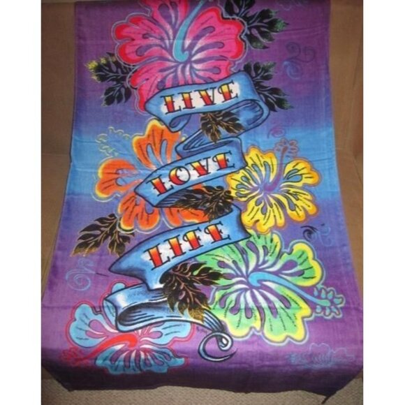 Unbranded Other - New Live Love Life Purple Blue Flower Bath Beach Pool Gift Happy Towel Hibiscus